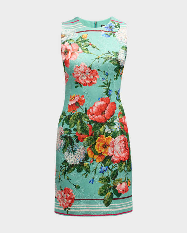 Floral-Print Sleeveless Metallic Jacquard Mini Dress